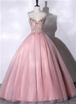 Picture of Pink Ball Gown Beaded V-neckline Formal Dresses, Pink Sweet 16 Dress